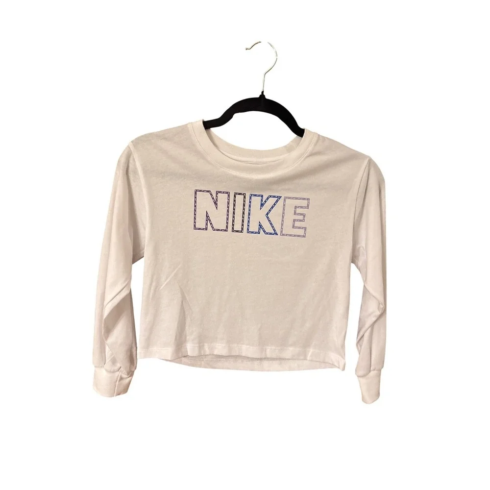 Nike Girls White Long Sleeve Cropped‎ Graphic T-Shirt Size 6X